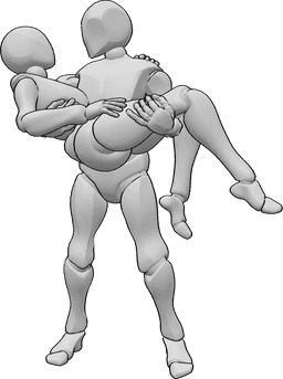 Référence des poses- Pose romantique de maintien - L'homme est debout et tient la femme dans ses bras, se regardant l'un l'autre.