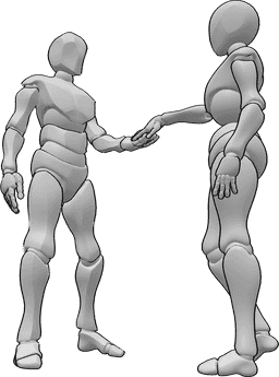 Posen-Referenz- Romantische Pose der haltenden Hand - Frau und Mann stehen, der Mann hält die Hand der Frau und schaut sie an