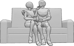 Referência de poses- Pose romântica sentada - Mulher e homem estão sentados num sofá e olham um para o outro, de mãos dadas
