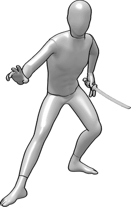 Référence des poses- Pose penchée du ninja - Ninja se penchant vers l'avant en tenant un sabre katana.