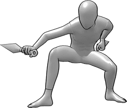 Referência de poses- Pose de ninja agachado - Pose de ninja agachado segurando duas facas kunai