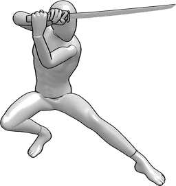 Referência de poses- Pose de ninja a preparar-se para o combate - Ninja agachado enquanto segura uma katana acima da cabeça, preparando-se para a pose de combate
