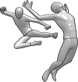 Referência de poses- Pose de pontapé no ar ninja - Pose de ninja a dar pontapés nas costas de alguém