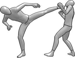 Referência de poses- Pose de pontapé ninja - Ninja dá um pontapé na cara de outro homem em pose