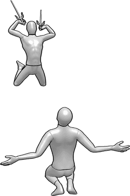 Referencia de poses- Postura de ataque aéreo ninja - Ninja saltando en el aire, a punto de atacar a hombre en el suelo con dos sais pose