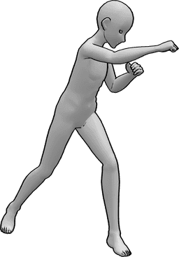 Referência de poses- Pose de soco - Homem base de anime numa pose básica de punção
