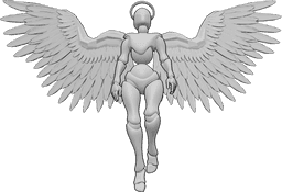Référence des poses- Ange féminin en train de voler - Ange féminin avec une auréole et des ailes volant, regardant vers le haut, référence de dessin d'ange