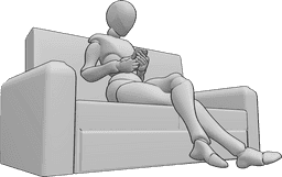 Referência de poses- Pose sentada a segurar o telemóvel - Mulher sentada de pernas cruzadas no sofá, segurando o telemóvel com as duas mãos