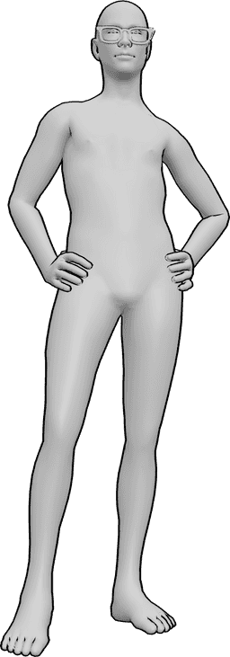 Referencia de poses- Postura masculina con gafas - Varón de pie con las manos en las caderas, con gafas y mirando al frente