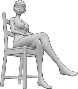 Riferimento alle pose- Anime femmina in posa seduta - Una donna animata è seduta sulla sedia con le gambe incrociate e guarda a destra.
