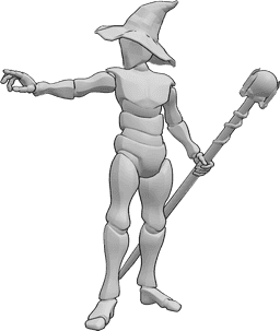 Riferimento alle pose- Posa del mago che lancia incantesimi - Mago maschio in piedi, che tiene un bastone nella mano sinistra e lancia un incantesimo con la mano destra.