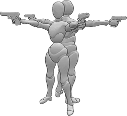Riferimento alle pose- Posa delle pistole femminile e maschile - Femmina e maschio schiena contro schiena con armi in posa