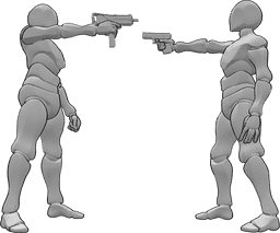 Posen-Referenz- Männer, die auf Waffen zielen, posieren - Zwei männliche Personen zielen mit ihren Waffen aufeinander