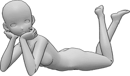 Referencia de poses- Anime lindo mentira pose - Una mujer anime está tumbada, posando con sus manos y doblando las piernas.
