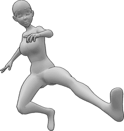 Riferimento alle pose- Posa dinamica di calcio Anime - Femmina antropomorfa che salta e calcia in aria con il piede sinistro, posa dinamica di calcio