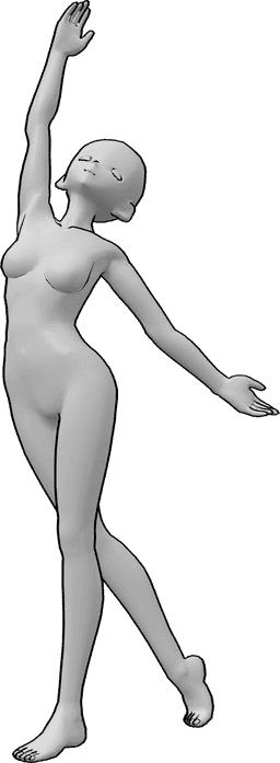 Referência de poses- Pose de alongamento de anime - A mulher anime está de pé, a olhar para cima e a esticar a mão direita para o alto