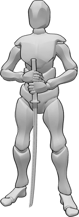 Référence des poses- Pose du samouraï debout - Le samouraï est debout et pose avec un grand sabre.