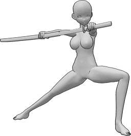 Riferimento alle pose- Posa della katana femminile in stile anime - La donna Anime è semi accovacciata, guarda a sinistra ed estrae lentamente la sua katana dal fodero.