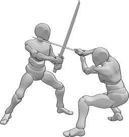 Posen-Referenz- Samurai-Kampf-Pose - Zwei Samurai kämpfen mit Katanas Pose