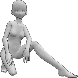Referencia de poses- Postura arrodillada de mujer anime - Anime female is kneeling and posing, leaning on her right knee, ressuring her hands on her thighs