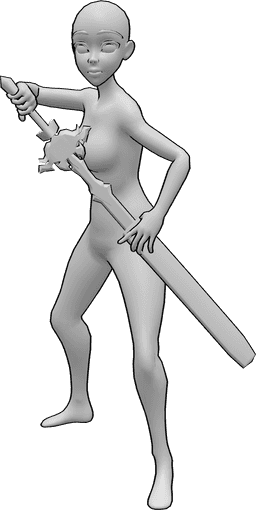 Référence des poses- Pose d'un fourreau d'épée d'anime - Une femme d'animation tire son épée de son fourreau pose