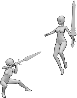 Posen-Referenz- Anime-Frauen kämpfen Pose - Anime-Frauen bereiten sich auf eine Kampfpose vor