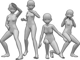 Riferimento alle pose- Anime combattenti femminili posa di gruppo - Quattro lottatrici in posa, in posizione di pugilato e karate, guardano in avanti.