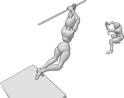 Posen-Referenz- Schwertkampf Sprungangriff - Ein Schwertkampf zwischen zwei Figuren, bei dem die eine angreift und die andere sich verteidigt