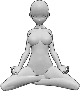 Référence des poses- Anime yoga meditation pose - La femme animée est assise, regarde vers l'avant, fait du yoga et médite.