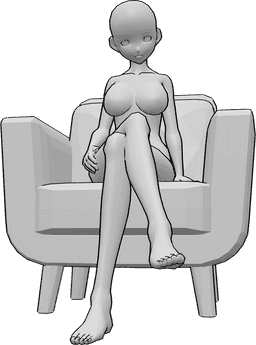 Referencia de poses- Postura anime con las piernas cruzadas - La mujer anime está sentada en el sillón con las piernas cruzadas y mirando al frente