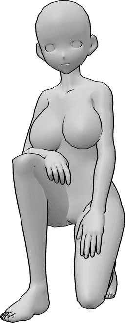 Referencia de poses- Postura anime de rodillas en cuclillas - La mujer anime está en cuclillas, medio arrodillada y mirando hacia delante, con las manos sobre los muslos.