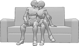 Referencia de poses- Postura de abrazo sentado - Hombre y mujer están sentados en el sofá y se besan pose