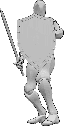 Riferimento alle pose- Scudo maschile in posizione eretta - Uomo in piedi che tiene uno scudo nella mano sinistra e una spada nella mano destra