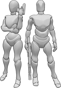 Referência de poses- Dupla de criminosos em pose - Duo de mulher e homem criminosos em pose de pé