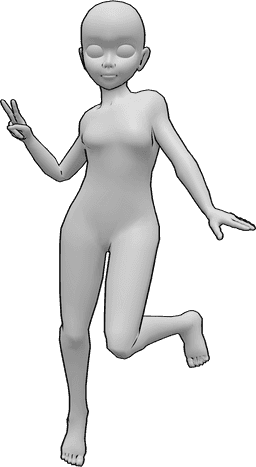 Referência de poses- Pose de salto feliz - A mulher anime feliz está a saltar e a fazer uma pose de 