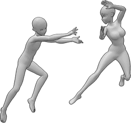 Riferimento alle pose- Posa da combattimento per duo di anime - Anime femmina e maschio in una lotta di fantasia in aria con poteri magici posa