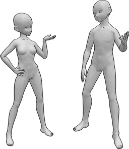 Referência de poses- Pose de conversação entre homem e mulher - Anime feminino e masculino estão a discutir algo
