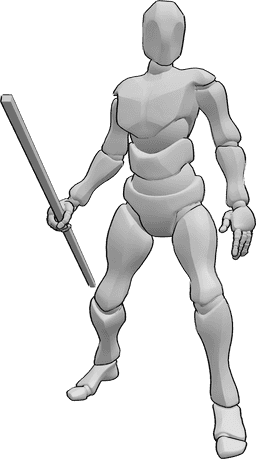 Referência de poses- Homem em pose de bastão - Homem segurando um bastão na sua pose da mão direita