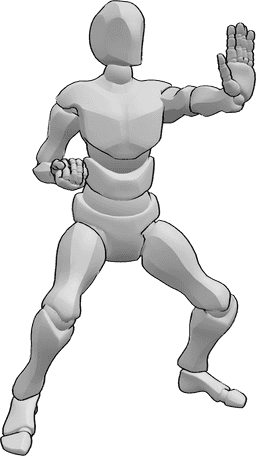 Riferimento alle pose- Posa di karate con la mano sinistra - Uomo con mano sinistra sollevata in posizione di karate