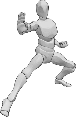 Référence des poses- Pose de karaté invitant au combat - L'homme invite au combat par une pose de karaté
