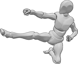 Referência de poses- Pose de karaté com pontapé no ar - Homem dá pontapés no ar com o pé direito em pose de karaté