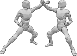 Référence des poses- Deux hommes posant en karaté - Deux hommes se battent dans une pose de karaté