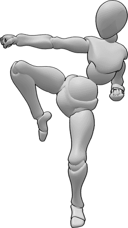 Referência de poses- Pose de karaté feminina - Mulher com a perna direita no ar em pose de karaté