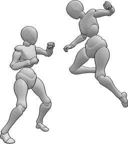 Posen-Referenz- Hohe Punch-Pose - Die Frauen kämpfen, eine springt hoch, um einen Schlag zu landen