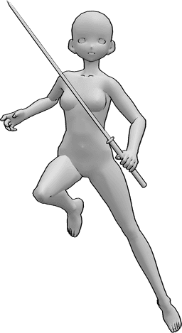 Referencia de poses- Anime katana pose - Mujer anime en el aire con pose de katana