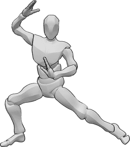 Referencia de poses- Postura masculina de kung fu - Varón preparándose para una pose de kung fu de combate