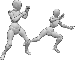 Referência de poses- Mulheres em pose de pontapé de combate - Duas fêmeas estão a lutar, uma delas pontapeia a outra fêmea em pose