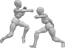 Referência de poses- Mulheres a lutar em pose de soco - Duas mulheres estão a lutar, uma delas está a saltar e a dar murros