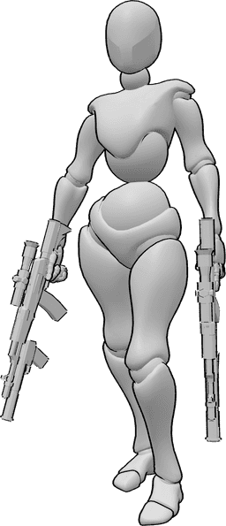 Referencia de poses- Dos pistolas posan - Mujer confiada está de pie y sosteniendo dos pistolas posan