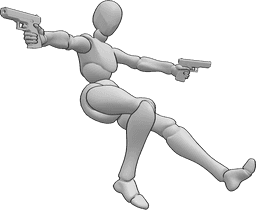 Referência de poses- Pose de duas armas em queda - Mulher cai para trás e aponta a arma com as duas mãos, pose de ação